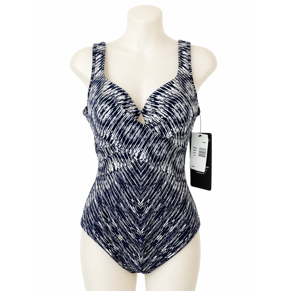 Miraclesuit Swimsuit Silver Shore Criss‎ Cross Escape One Piece Size 8 Navy NWT